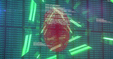Siber güvenlik ekranında asılı duran kırmızı parmak izi yeşil kod ve neon çubukları gösteriyor. Futuristik, teknoloji, şifreleme, dijital, arayüz, yenilik, veri