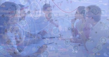 Network of digital icons and data processing over diverse businesspeople discussing at office. Global finance and business technology concept