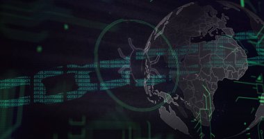 Güvenlik zinciri ikonu üzerinde dönen küre ve mikro işlemci bağlantıları siyah arka plana karşı. Küresel ağ ve siber güvenlik teknolojisi kavramı