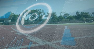 Engelli Afro-Amerikan erkek koşucunun veri işleme görüntüsü. Küresel spor ve dijital arayüz kavramı dijital olarak oluşturulmuş görüntü.