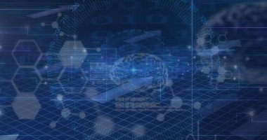 Beyinler üzerinde veri işleme görüntüsü. Küresel iş ve dijital arayüz kavramı dijital olarak oluşturulmuş görüntü.