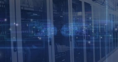 Sunucularda ışıkların ve veri işleme görüntüsü. veri işleme ve teknoloji konsepti dijital olarak oluşturulmuş görüntü.