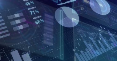 Mavi zemin üzerinde veri işleme ile dijital arayüz üzerinden istatistiksel veri işleme. Bilgisayar arayüzü ve teknoloji kavramı