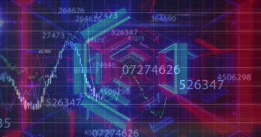 Sayısal etiketler ve şamdan çubukları ile dijital ızgara üzerinde merkezi altıgen çerçeveler görüntüleniyor. Finansal, analitik, veri, teknoloji, yenilik, fütürizm, devre