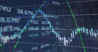 Karanlık arka planda finansal veri işleme resmi. Küresel iş, finans, veri işleme ve dijital arayüz kavramı dijital olarak oluşturuldu.