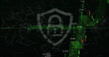 Finansal veri işleme ve güvenlik kilidi kalkanı ikonu bağlantı ağına karşı. Küresel finans ve ağ teknolojisi kavramı