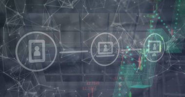 Dijital simgeler, finansal veri işleme ve ofis penceresine karşı bağlantı ağı. Küresel ağ ve iş teknolojisi kavramı