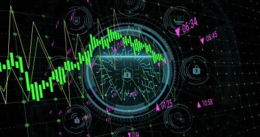 Siber güvenlik ve asma kilit resmi siyah arkaplandaki grafikler üzerinde daire çiziyor. İnternet güvenliği, veri güvenliği, veri işleme ve dijital olarak oluşturulmuş görüntü konsepti.