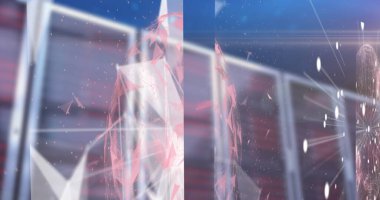 Bilgisayar sunucuları üzerinden küresel ağ ve veri işleme ile soyut şekillerin görüntüsü. İş, küresel iletişim ve dijital arayüz kavramı dijital olarak oluşturulmuş görüntü.