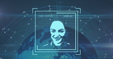 Kullanıcı profili 00043.82, ağ şebekesi ve küresi ile gülümseyen pikselli kadın yüzü gösteriliyor. Teknoloji, dijital, fütüristik, analitik, veri, yenilik, bağlantı