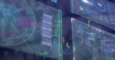 Mavi arka planda veri işleme ile dijital arayüz üzerinden finansal veri işleme. Bilgisayar arayüzü ve teknoloji kavramı