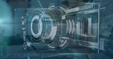 İş adamlarının el çırpması üzerine dijital ekranda çeşitli verilerin görüntüsü. İş, işbirliği, iletişim ve teknoloji konsepti dijital olarak oluşturulmuş görüntü.