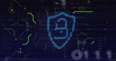 Mavi arka plandaki veri işlemesine karşı güvenlik kilidi simgesi ve mikro işlemci bağlantıları. Siber güvenlik ve iş veri depolama teknolojisi kavramı