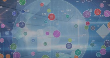 Mavi arkaplanda yüzen dijital simgelerin dijital görüntüsü. Bilgisayar arayüzü ve iş teknolojisi arka plan kavramı