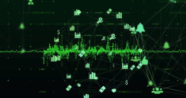 Karanlık arkaplan üzerinde veri işleme ve bağlantı ağının resmi. Küresel bilim, bağlantılar, veri işleme ve dijital arayüz kavramı dijital olarak oluşturuldu.