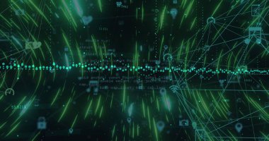 Dijital simgelerin ve ışık yollarının küresi kara arkaplana karşı veri işleme üzerinde dönüyor. Bilgisayar arayüzü ve iş teknolojisi kavramı