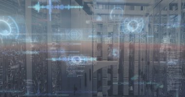 Sunucu odasında veri işleme resmi. küresel iş ve dijital arayüz kavramı dijital olarak oluşturulmuş görüntü.