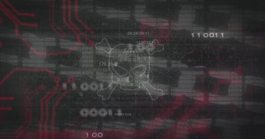 Kemikli kafatası resmi, veri işleme ve siyah arkaplan üzerindeki zincir. İnternet güvenliği, veri güvenliği, veri işleme ve dijital olarak oluşturulmuş görüntü konsepti.