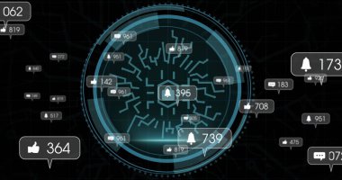 Konuşma baloncukları ve artan sayılarla siber güvenlik metni siyah arkaplanda. Küresel ağ ve iş veri depolama teknolojisi kavramı