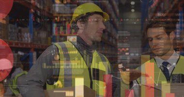 Kafkas erkek işçilerin veri işleme görüntüsü. Küresel iş ve dijital arayüz kavramı dijital olarak oluşturulmuş görüntü.