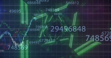 Neon ışıkları ve donanma arkaplanındaki numaralar. Finans, ekonomi, teknoloji konsepti dijital olarak oluşturulmuş görüntü.