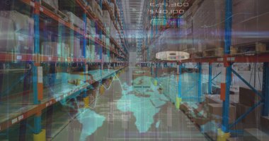 Deponun üzerindeki dünya haritası ve veri işleme görüntüsü. küresel iş ve dijital arayüz kavramı dijital olarak oluşturulmuş görüntü.