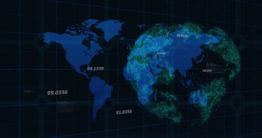 Veri işleme ve ızgara üzerindeki dünya görüntüsü. Küresel bilim araştırmaları ve teknoloji konsepti dijital olarak oluşturulmuş görüntü.
