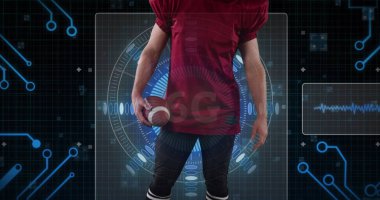 Amerikan futbolcusu yerine dijital arayüz görüntüsü. Küresel spor, dijital arayüz ve veri işleme kavramı dijital olarak oluşturulmuş görüntü.