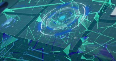 Mavi dijital ekrandaki veri işleme ve şekillerinin resmi. Veri işleme, dijital arayüz, iletişim ve teknoloji konsepti dijital olarak oluşturulmuş görüntü.