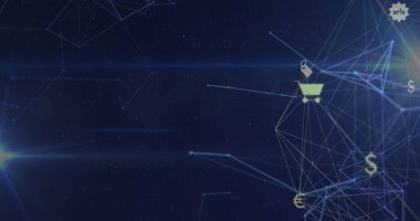Karanlık arkaplan üzerindeki simgelerle bağlantı ağının resmi. Küresel iş, finans, veri işleme ve dijital arayüz kavramı dijital olarak oluşturuldu.