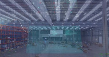 Boş deponun üzerinde veri işleme resmi. Küresel gönderim, bilgisayar ve dijital arayüz konsepti dijital olarak oluşturuldu.