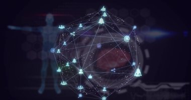 Dijital arayüz üzerinde tıbbi veri işleme ile birlikte dijital simgelerin görüntüsü. Tıbbi araştırma ve bilim teknolojisi kavramı