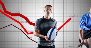 Portrait of caucasian male rugby player over statistical data processing against grey background. Sports and business technology concept