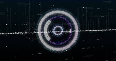 Mor arkaplan üzerinde tarama ve veri işleme resmi. Küresel iletişim teknolojisi ve dijital arayüz konsepti dijital olarak oluşturuldu.