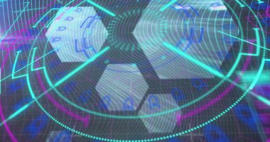 Veri işleme görüntüsü, altıgenler ve siyah zemin üzerinde çizgileri olan neon halkalar. Veri işleme, dijital arayüz, iletişim ve teknoloji konsepti dijital olarak oluşturulmuş görüntü.