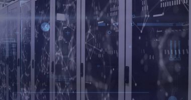 Sunucular üzerindeki noktaların ve bağlantıların resmi. Bilgisayarlar, ağ, veri işleme ve teknoloji konsepti dijital olarak oluşturuldu.