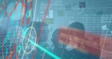 Beyaz adamın tablet istiflemesinin mali veri işleme görüntüsü. Küresel işletme finansmanı ve veri işleme kavramı dijital olarak oluşturulmuş görüntü.