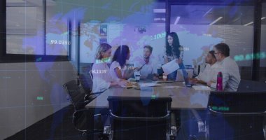 Toplantıda farklı iş adamlarının veri işleme görüntüsü. küresel iş ve dijital arayüz kavramı dijital olarak oluşturulmuş görüntü.