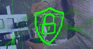 Kahve yapan baristanın üzerindeki dijital arayüz görüntüsü. Küresel bağlantılar, veri işleme ve dijital arayüz konsepti dijital olarak oluşturulmuş resim.