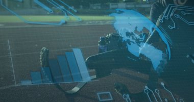 Engelli Afro-Amerikan erkek koşucunun veri işleme görüntüsü. Küresel spor ve dijital arayüz kavramı dijital olarak oluşturulmuş görüntü.