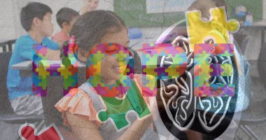 Çeşitli okul çocukları için bulmaca resmi. Otizm farkındalık ayı ve dijital arayüz konsepti dijital olarak oluşturulmuş görüntü.