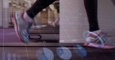 Koşu bandında koşan bir kadın resmi. Spor, aktif yaşam tarzı ve finansal konsept dijital olarak oluşturulmuş imaj.