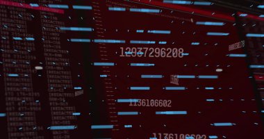 Gösterge panelinde kırmızı 'REDACTED' kod sütunları beyaz sayısal değerler, mavi çubuklar gösteriliyor. Teknoloji, siber güvenlik, veri analizi, dijital arayüz, gelecekçi, kullanıcı arayüzü, bilgi teknolojisi