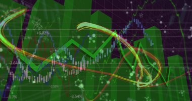 Moleküler yapıların ve finansal ve istatistiksel veri işleme üzerindeki ışık izlerinin görüntüsü. Küresel iş ve veri teknolojisi kavramı
