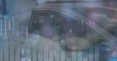 Gece şehir caddesinde gümüş sedanı şamdanla ve çizgi grafikleriyle harmanlamak, finans teması. Araçlar, finans, teknoloji, kentsel, veri görselleştirme, gece manzarası, otomotiv