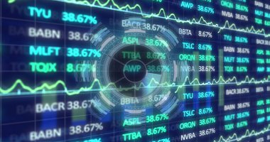 Donanmanın mali verileri ve grafikleri üzerindeki radar görüntüsü. Maliye, ekonomi ve veri işleme kavramı dijital olarak oluşturulmuş görüntü.