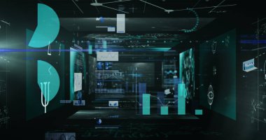 Siyah uzayda hareket eden çeşitli grafik ve verilerin görüntüsü. Veri işleme ve teknoloji konsepti dijital olarak oluşturuldu.