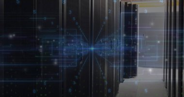Sunucu odasında veri işleme resmi. küresel iş ve dijital arayüz kavramı dijital olarak oluşturulmuş görüntü.