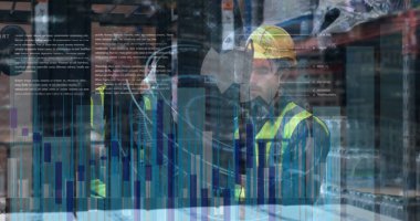 Depoda tartışan iki erkek işçinin istatistiksel veri işleme görüntüsü. Lojistik işi ve teknoloji konsepti