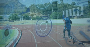 Engelli Afro-Amerikan erkek koşucunun veri işleme görüntüsü. Küresel spor ve dijital arayüz kavramı dijital olarak oluşturulmuş görüntü.